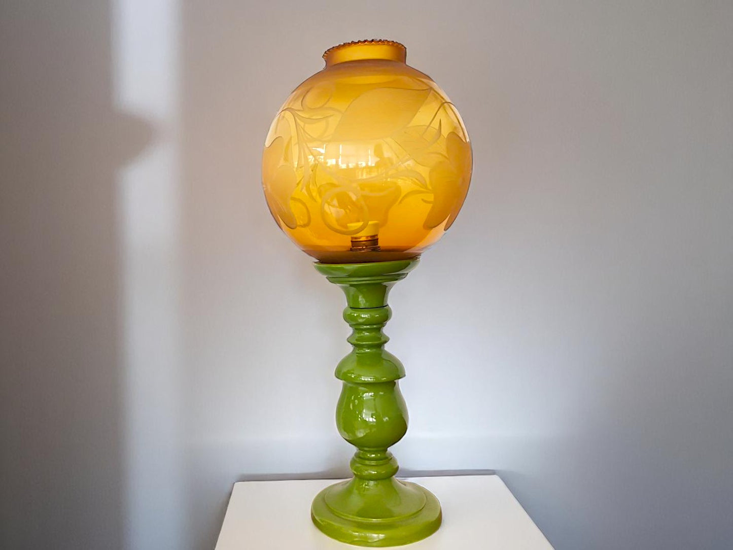 Large vintage wooden green table lamp