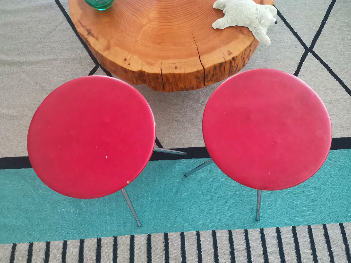 Pair of German red leather swivel stools