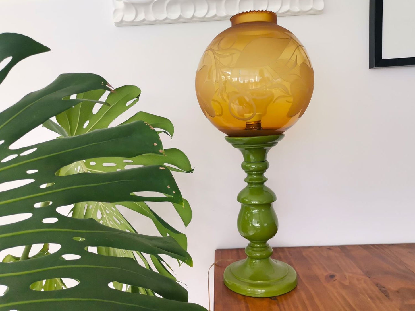 Large vintage wooden green table lamp