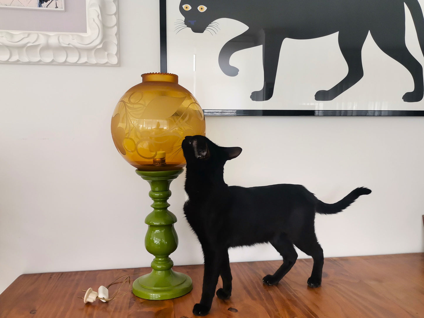 Large vintage wooden green table lamp
