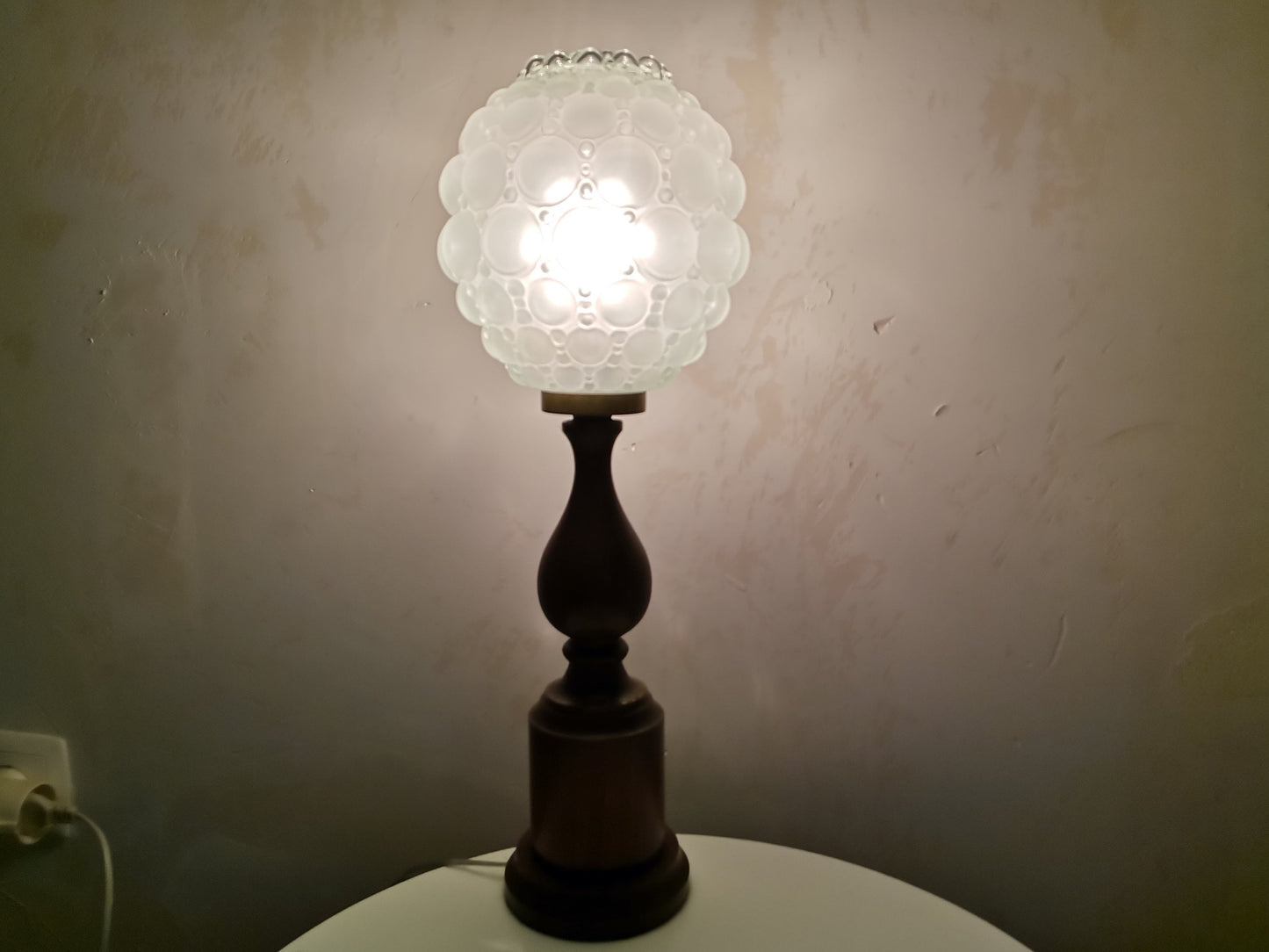 Wood and white milk bubble glass tall wooden table lamp