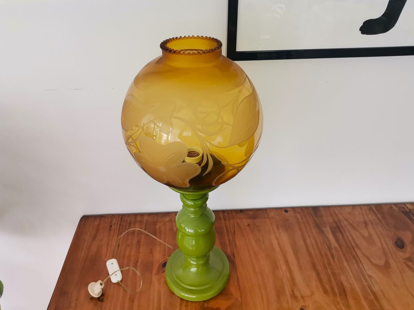 Large vintage wooden green table lamp