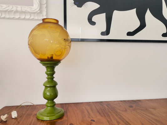 Large vintage wooden green table lamp