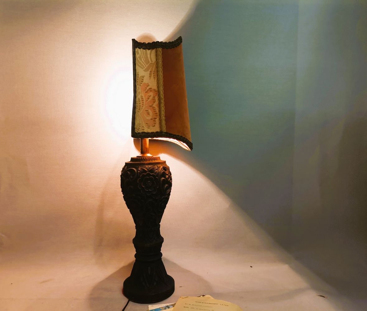 Large carved wood buffet table lamp