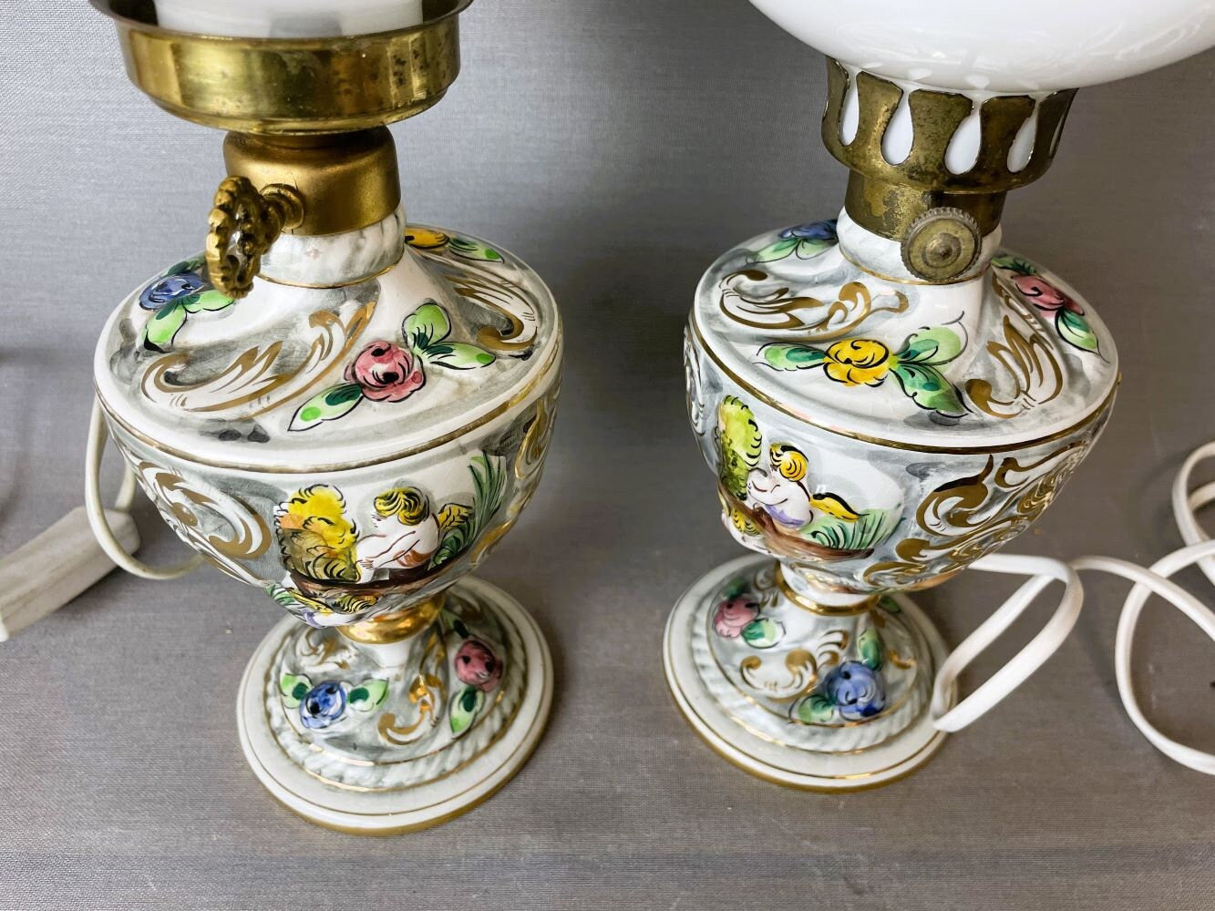Pair of Portuguese collectible hand painted porcelain table lamps by Alcobaça NUMBERED