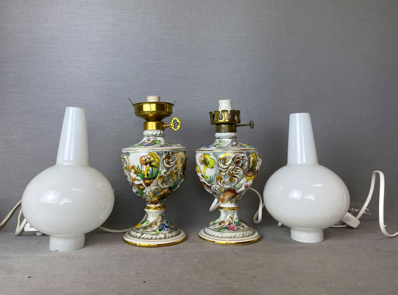 Pair of Portuguese collectible hand painted porcelain table lamps by Alcobaça NUMBERED