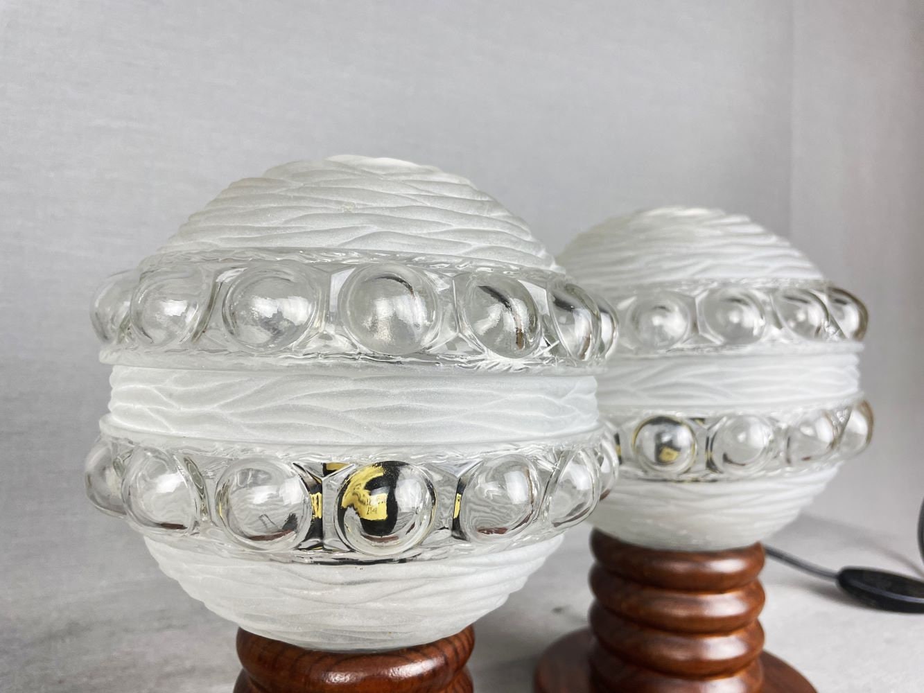 Pair Portuguese modern wooden table lamps Art frosted glass