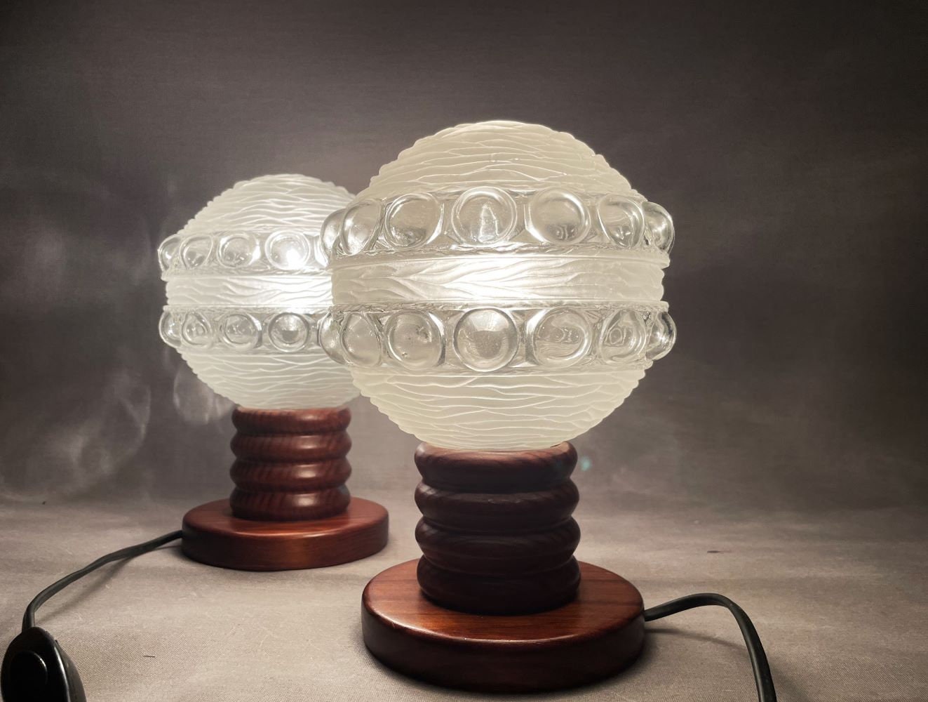 Pair Portuguese modern wooden table lamps Art frosted glass