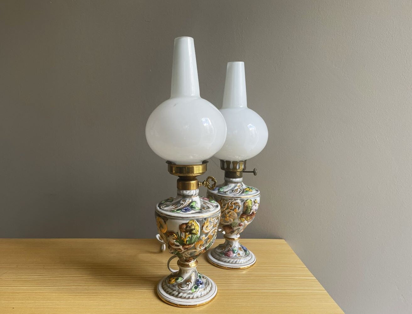 Pair of Portuguese collectible hand painted porcelain table lamps by Alcobaça NUMBERED