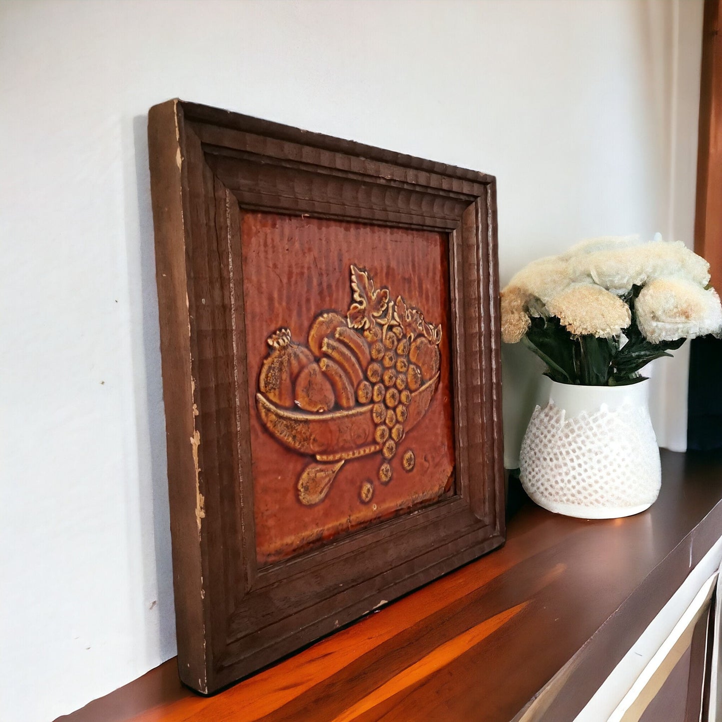 Spanish Mid Century Modern large glazed terracotta ceramic tile art natur morte