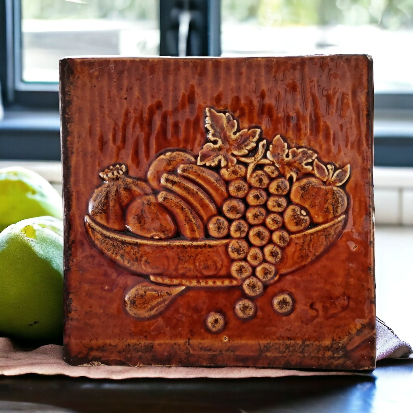 Spanish Mid Century Modern large glazed terracotta ceramic tile art natur morte
