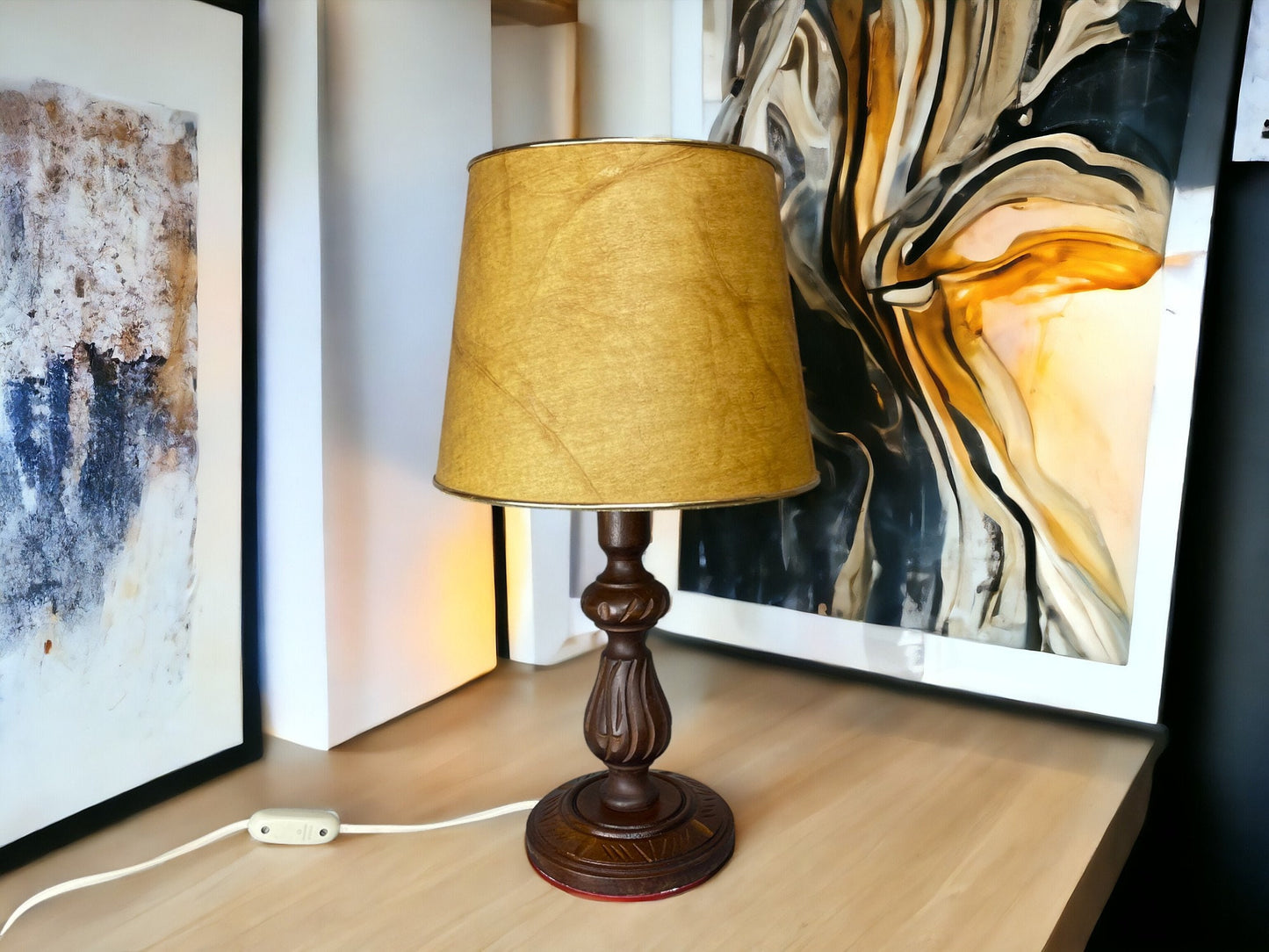 Portuguese rustic carved wood wooden table lamp farmhouse decor