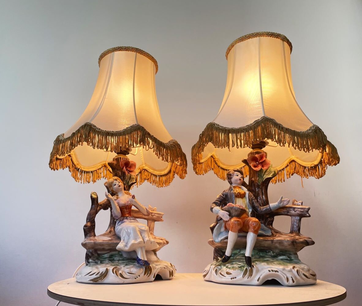 Pair Italian porcelain figural table lamps Dresden style by Capodimonte