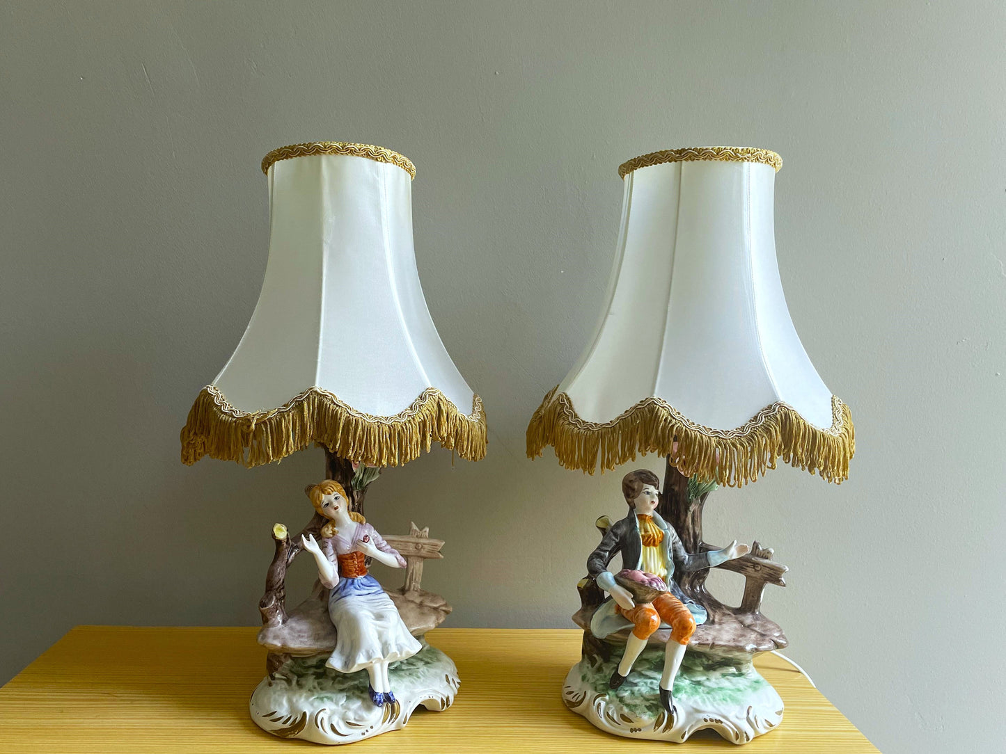 Pair Italian porcelain figural table lamps Dresden style by Capodimonte