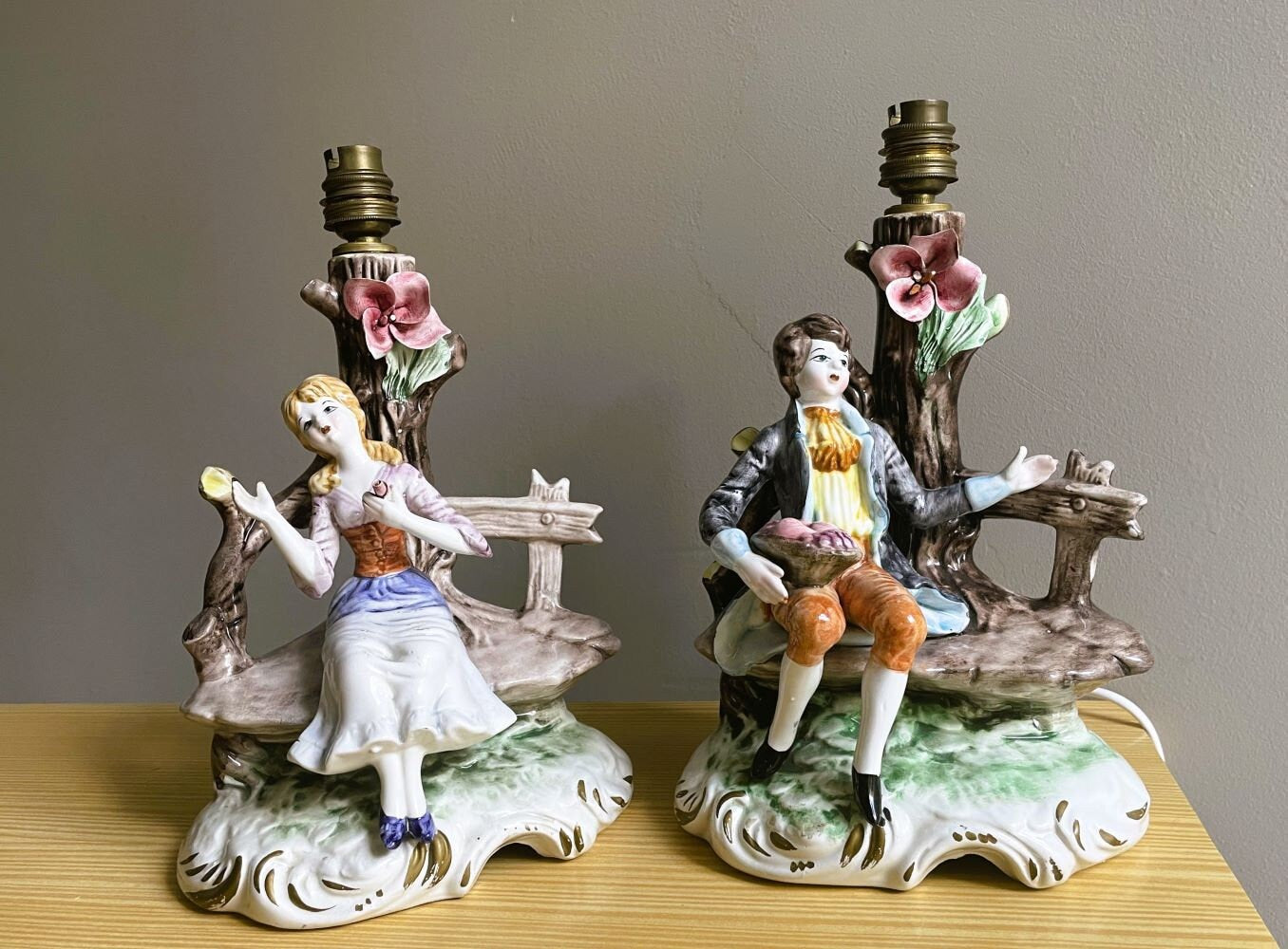 Pair Italian porcelain figural table lamps Dresden style by Capodimonte