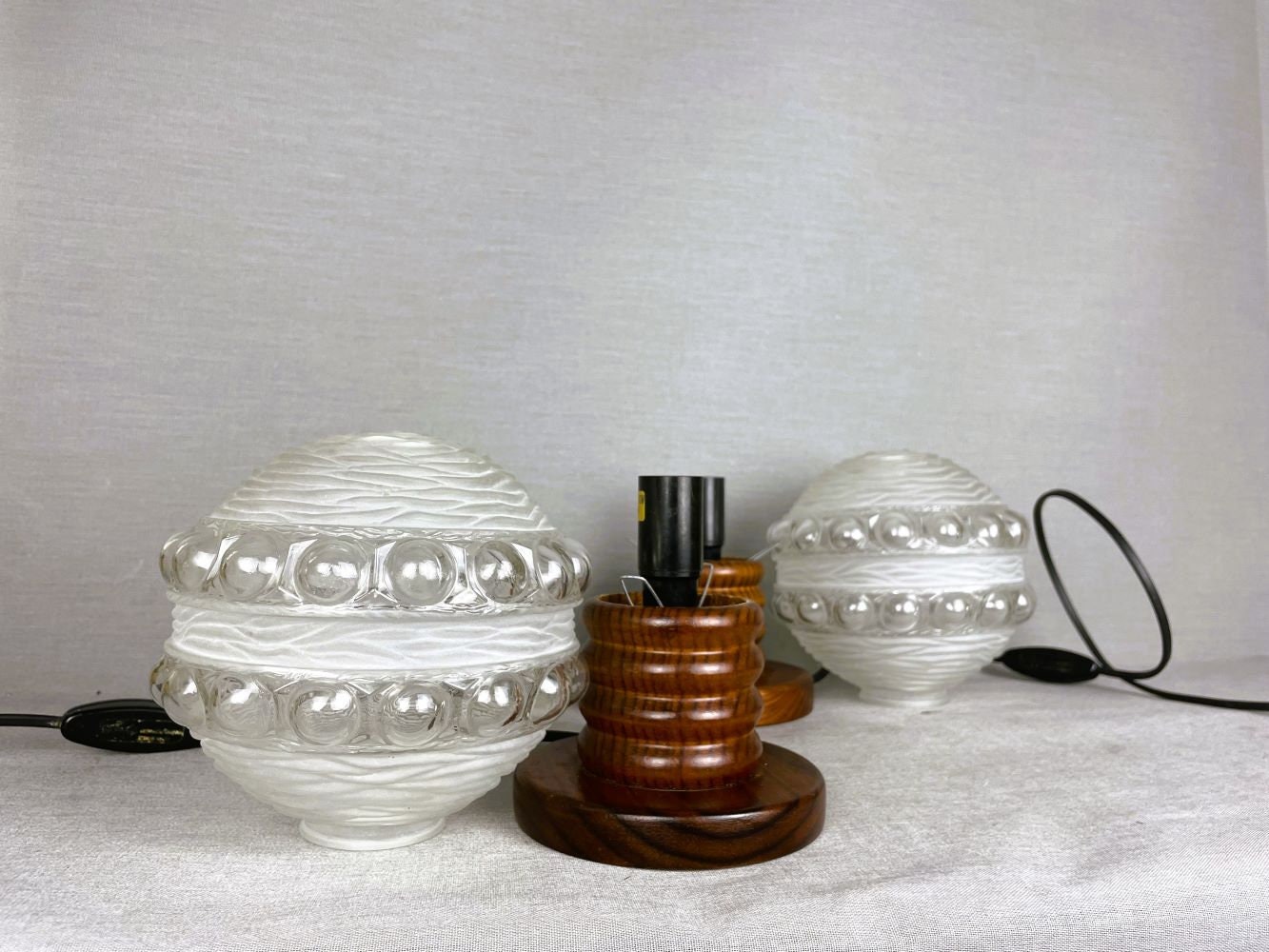 Pair Portuguese modern wooden table lamps Art frosted glass