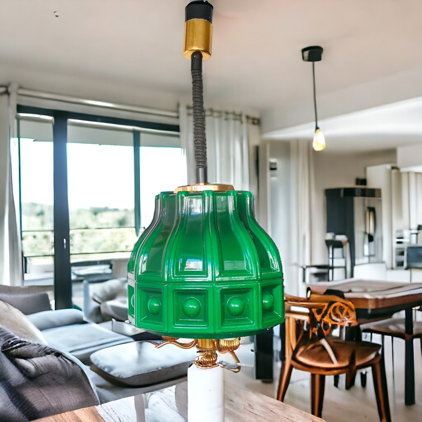 Helena Tynell for Flygsfors Mid Century Modern emerald green hanging lamp light fixture