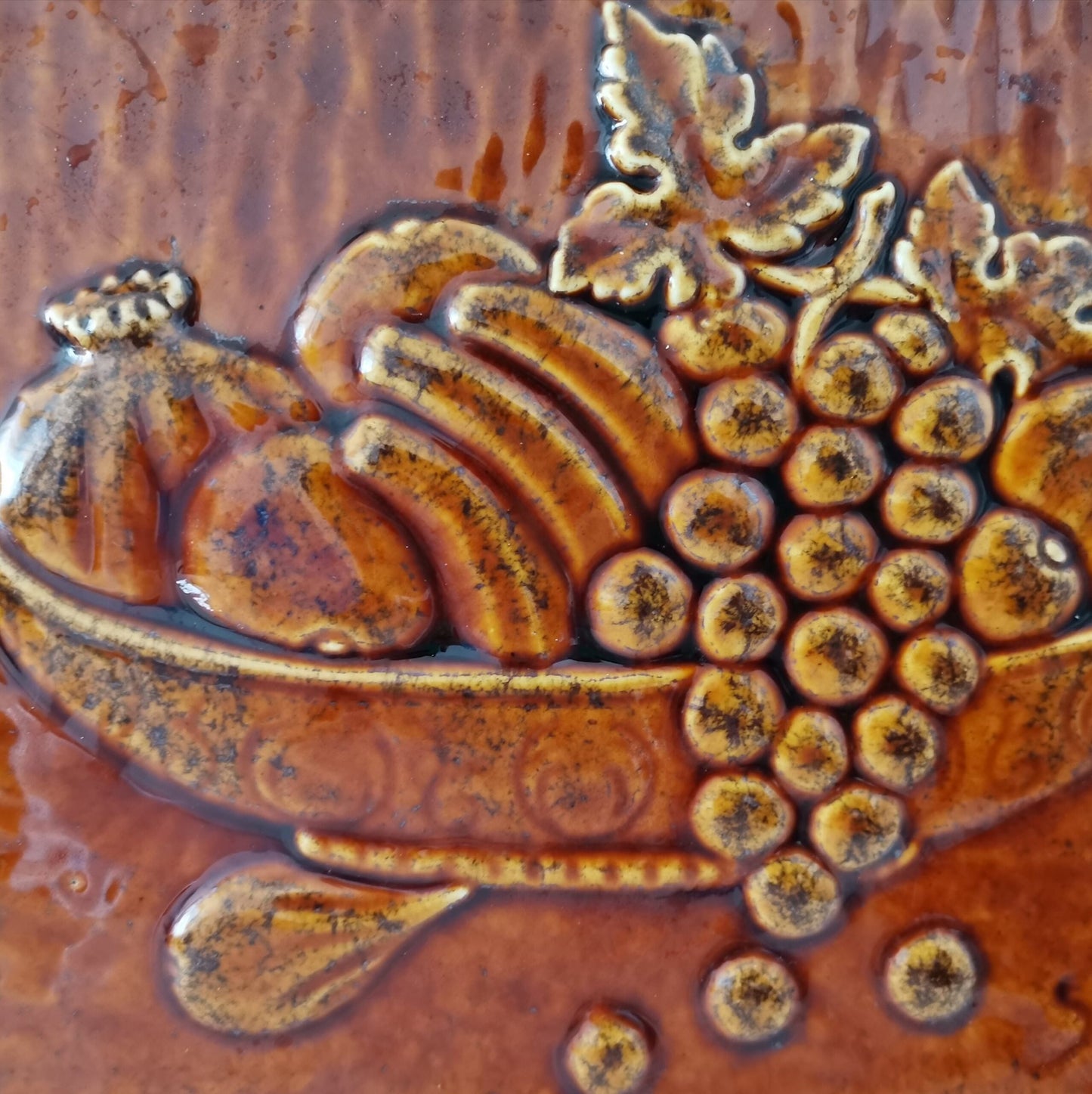 Spanish Mid Century Modern large glazed terracotta ceramic tile art natur morte