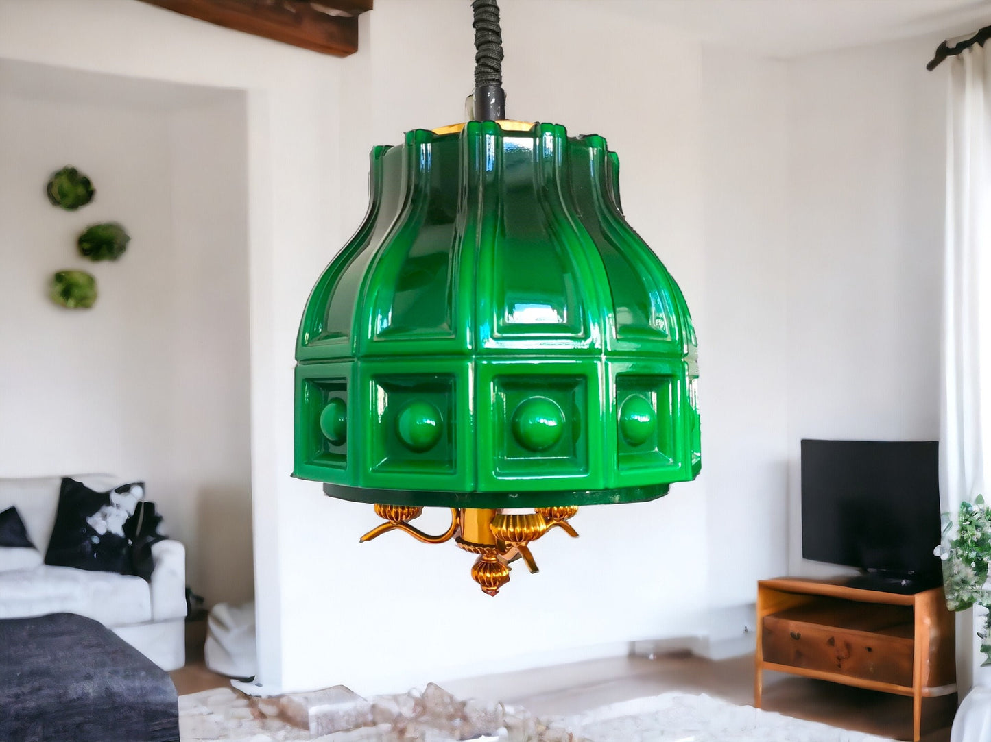 Helena Tynell for Flygsfors Mid Century Modern emerald green hanging lamp light fixture