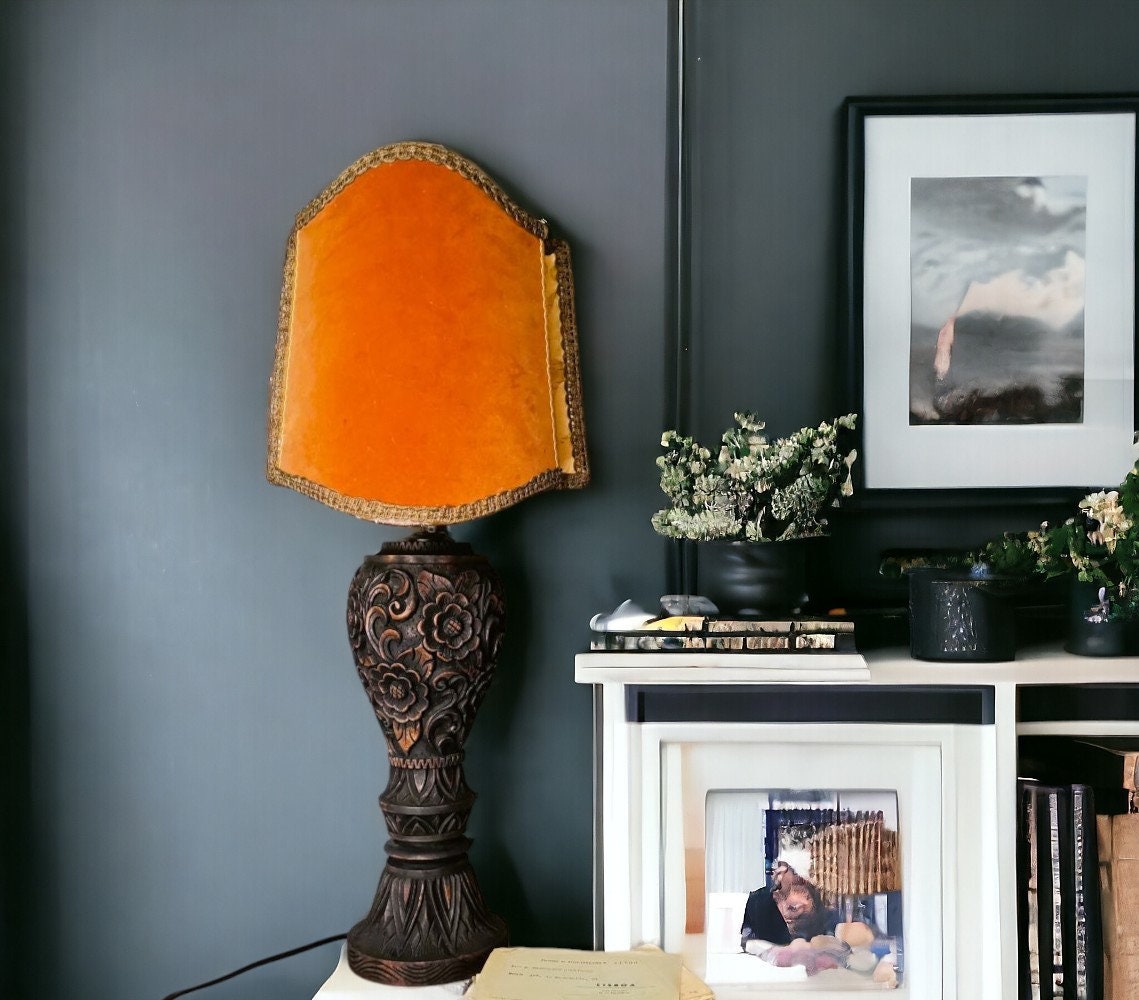 Large carved wood buffet table lamp