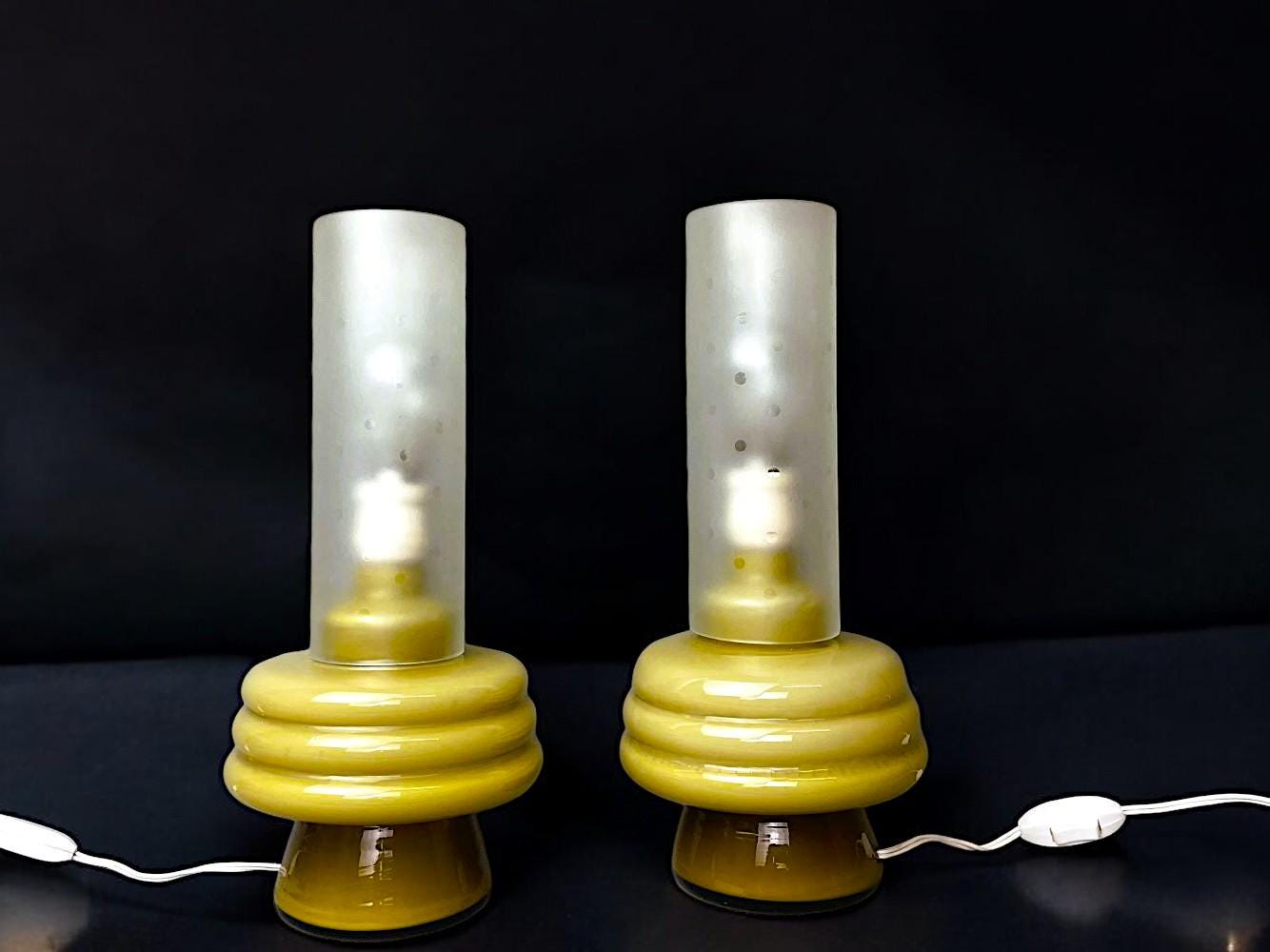 Pair green glass table lamps