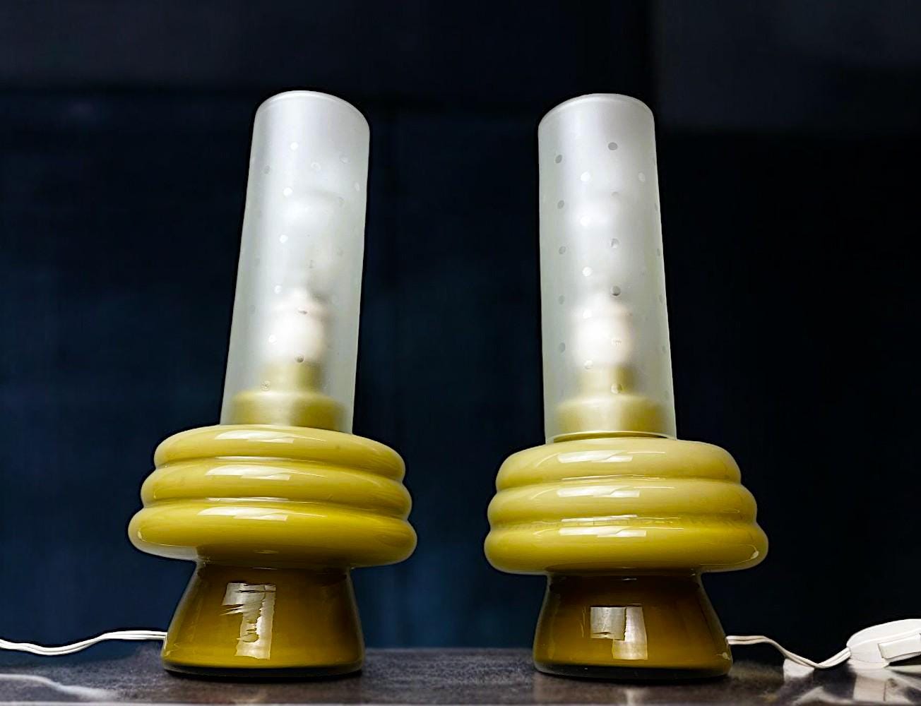 Pair green glass table lamps
