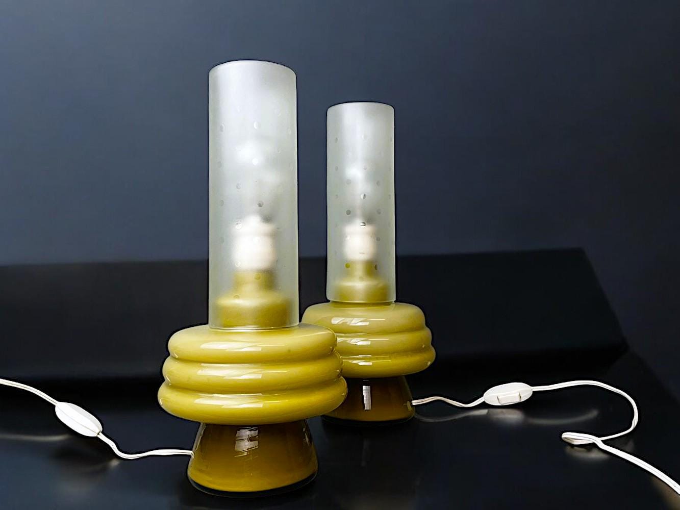 Pair green glass table lamps