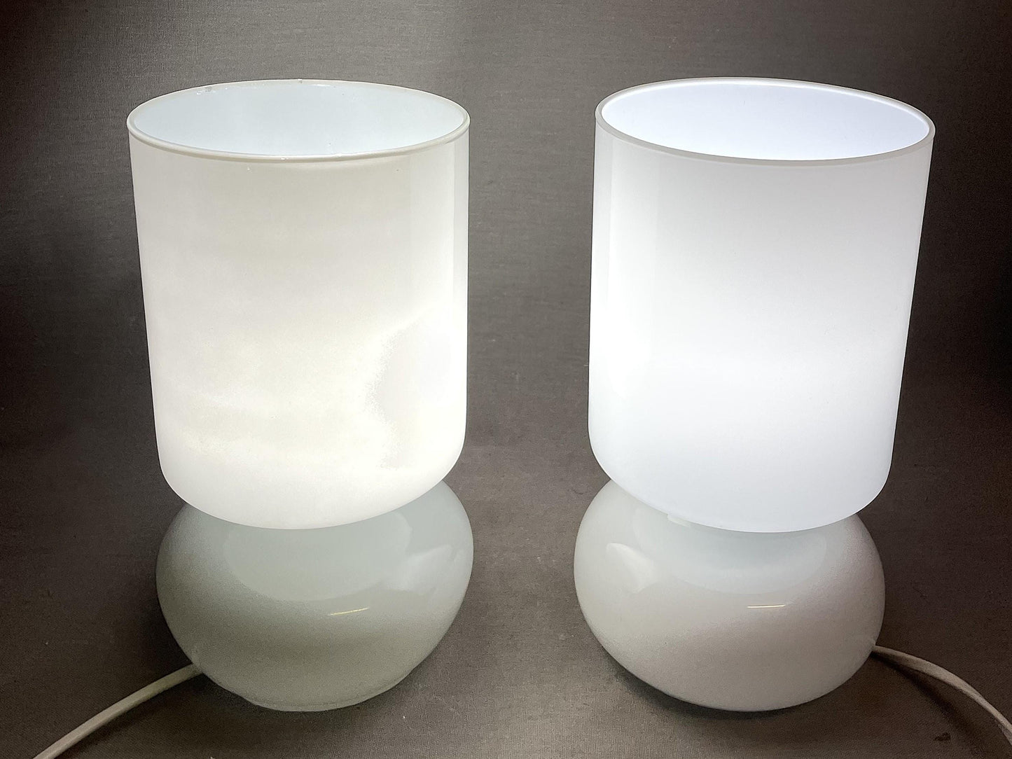 Pair white glass Ikea Lykta table lamps