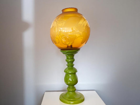 Large vintage wooden green table lamp