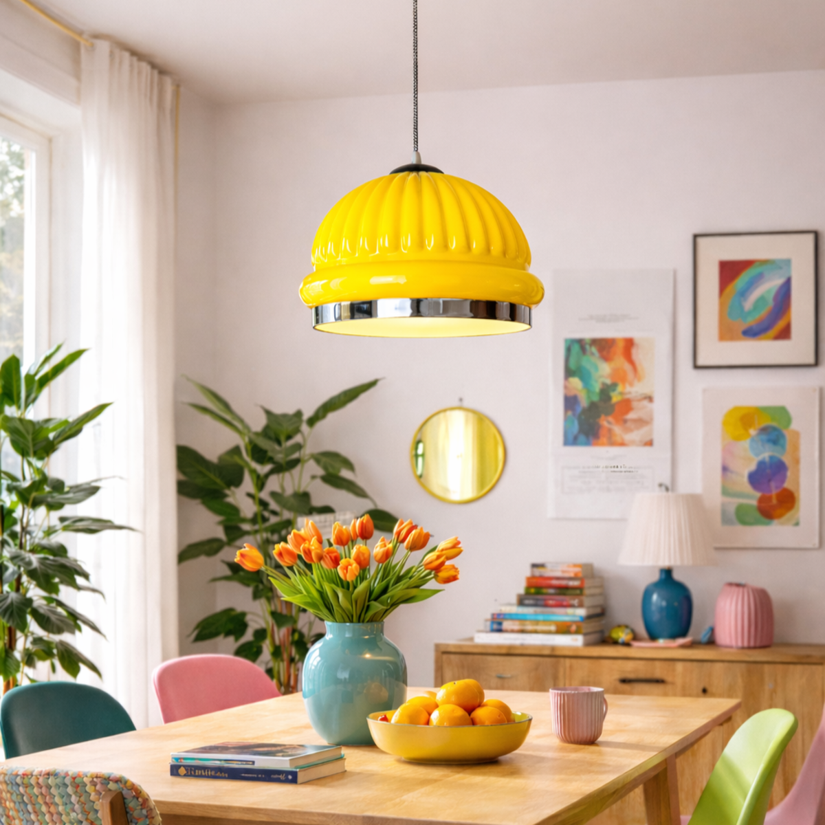 Ribbed Yellow Glass Pendant