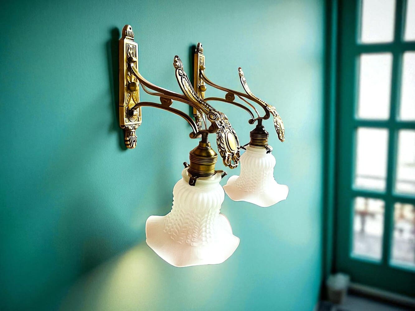 Pair Brass Tulip Wall Lamps