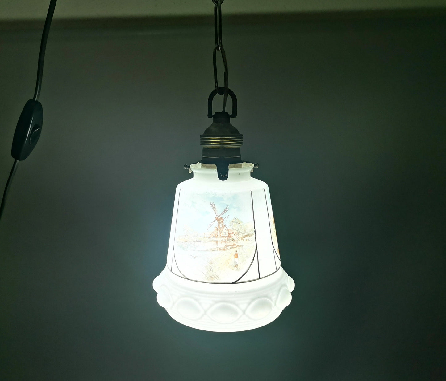 Small white opaline bell pendant lamp Dutch landscapes hanging light fixture