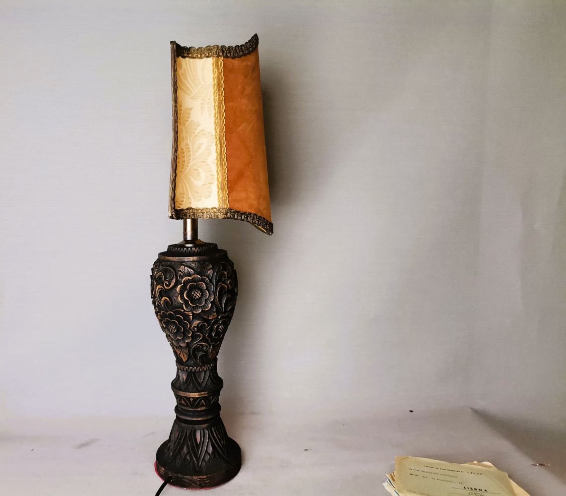 Large classical carved wood buffet table lamp with velvet shield half shade