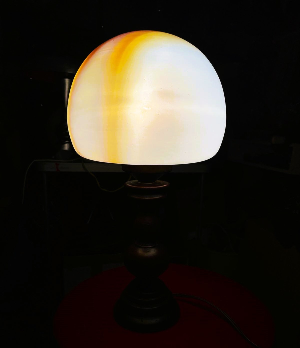 Portuguese mid century wooden mushroom lamp art onyx slag glass