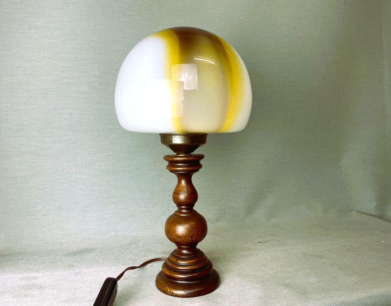 Portuguese mid century wooden mushroom lamp art onyx slag glass