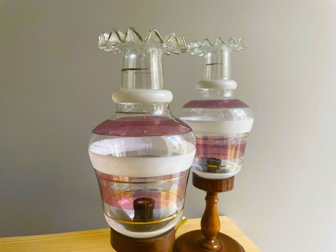 Pair Portuguese farmhouse rustic wooden bedside table lamps