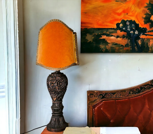 Large carved wood buffet table lamp