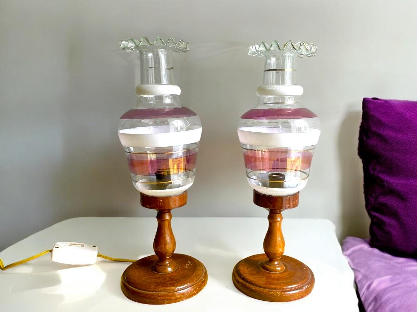 Pair Portuguese farmhouse rustic wooden bedside table lamps
