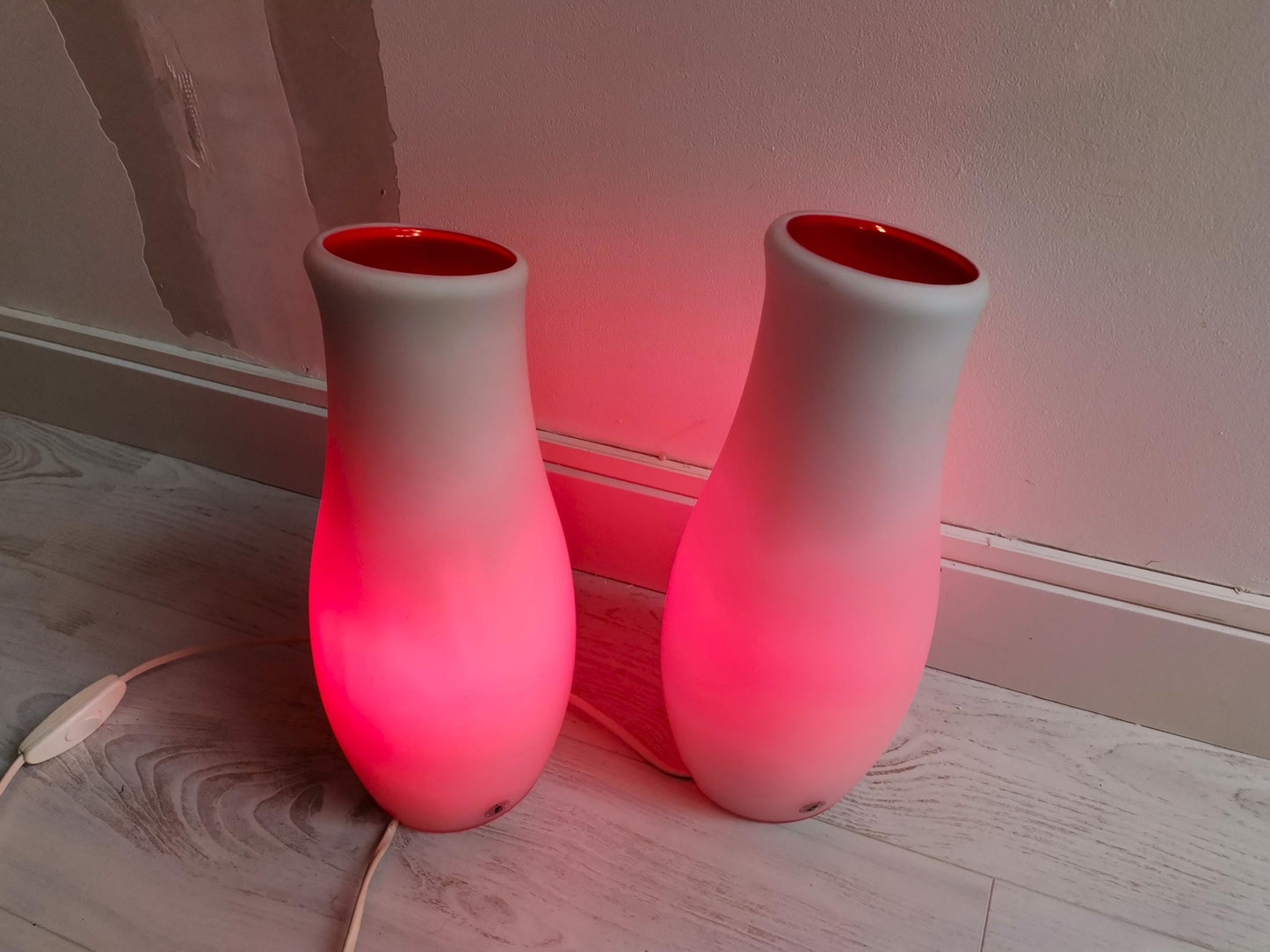 Pair of contemporary modern white glass Mylonit table lamps by IKEA