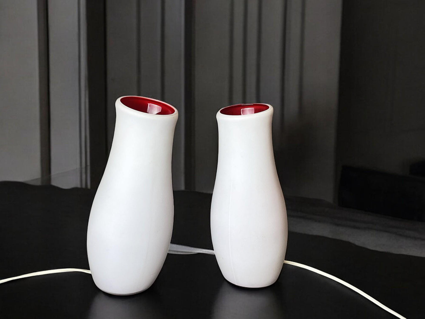 Pair of contemporary modern white glass Mylonit table lamps by IKEA