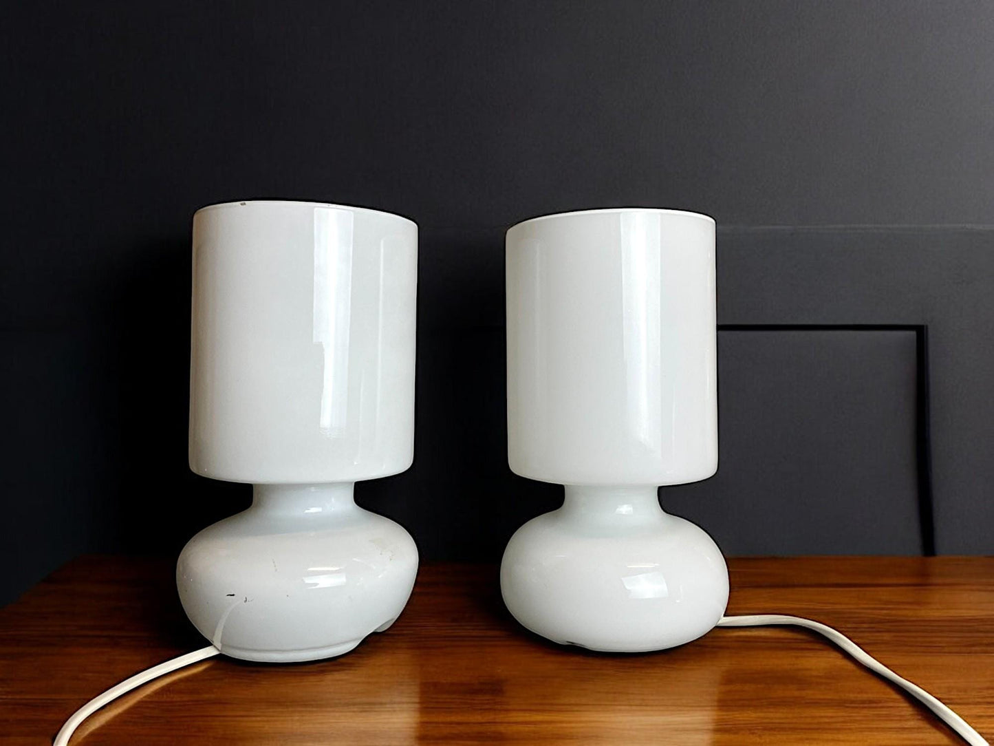 Pair colorful glass bedside table lamps pink white Ikea Lykta