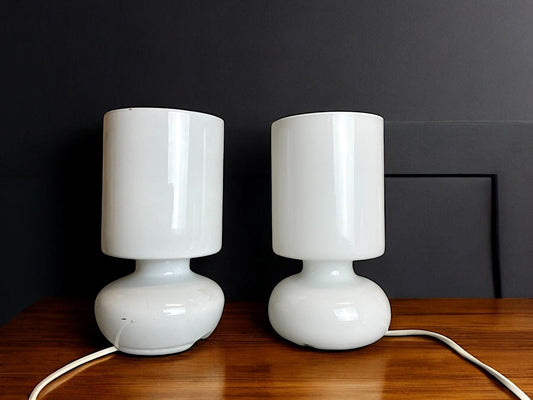 Pair white glass Ikea Lykta table lamps