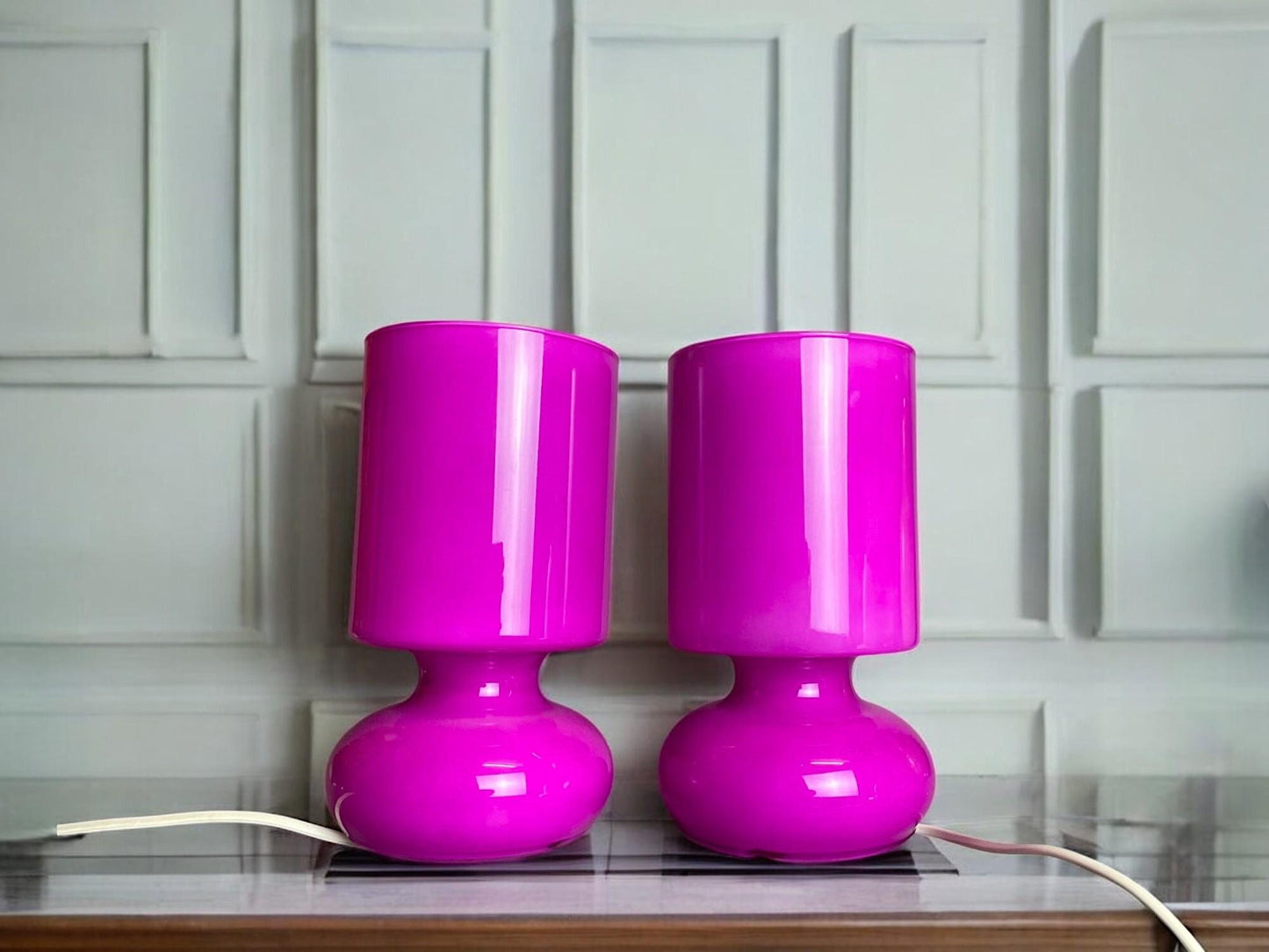 Pair colorful glass bedside table lamps pink fuchsia Ikea Lykta