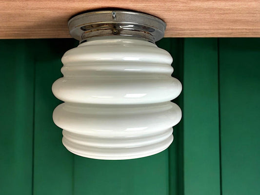 Art Deco flush ceiling mount light opaline ribbed glass wall lamp