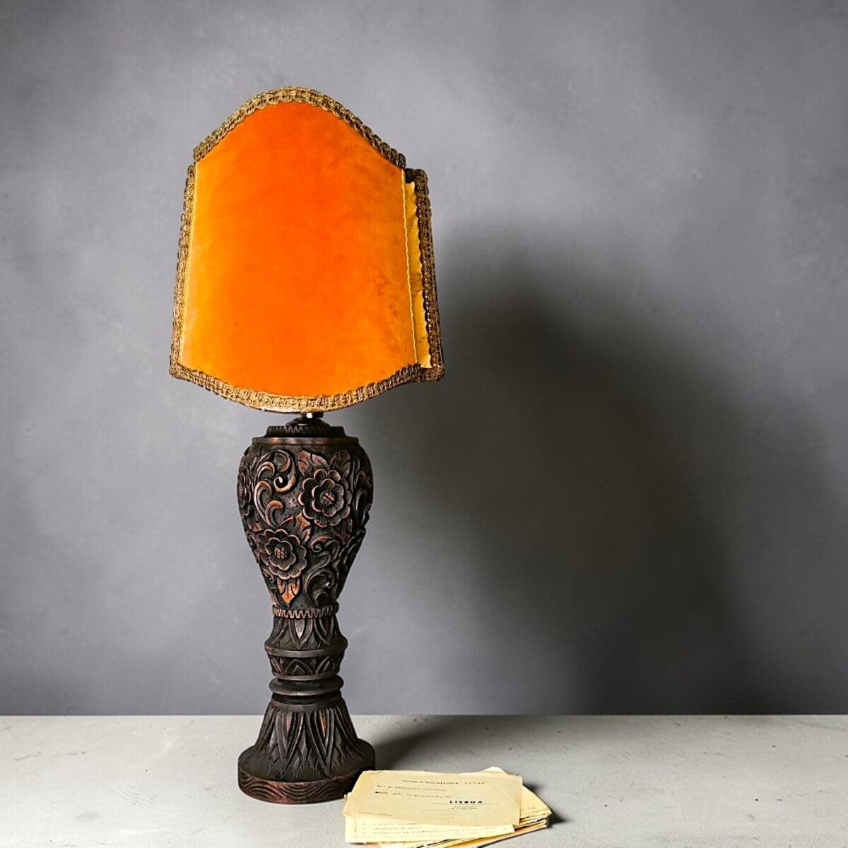 Large carved wood buffet table lamp