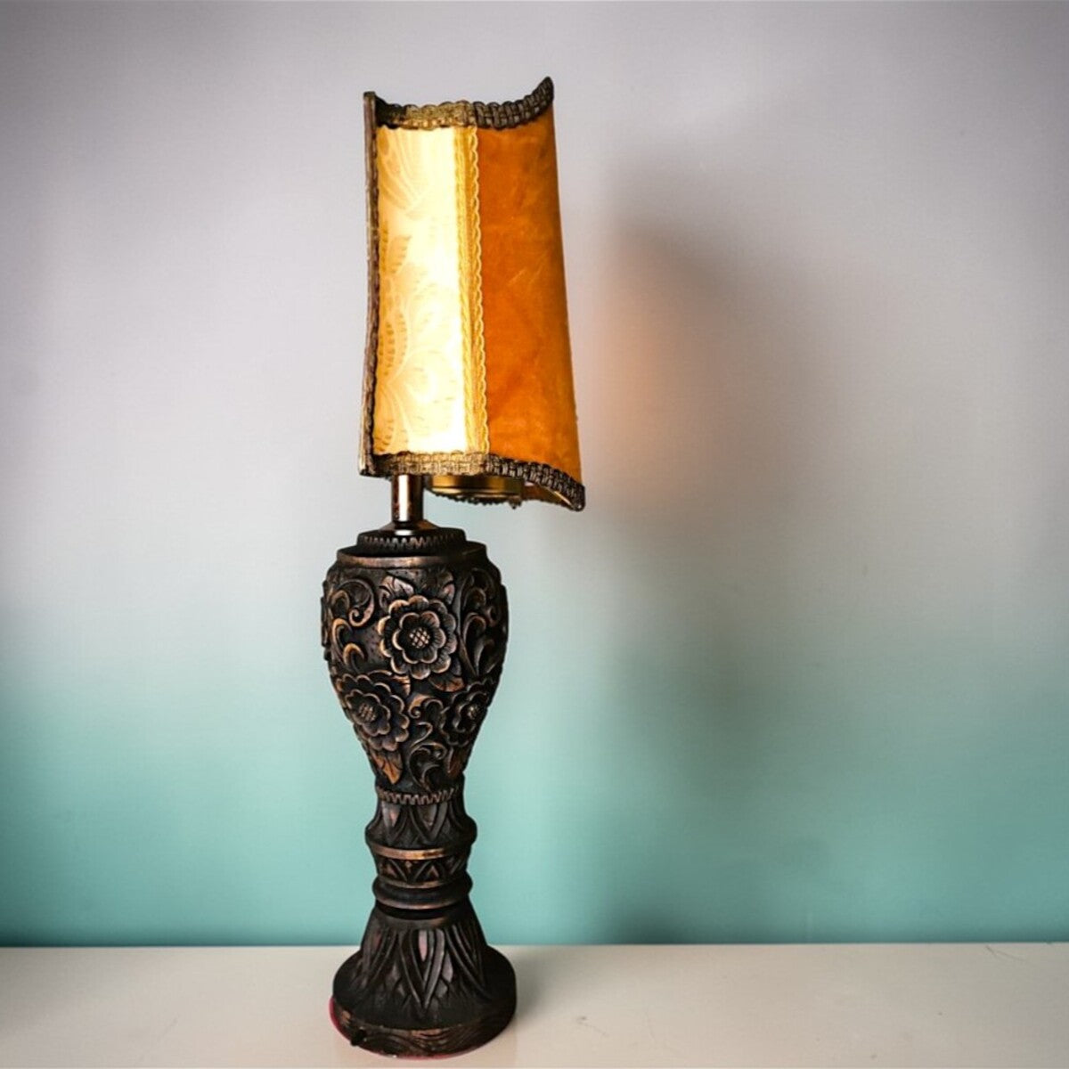 Large carved wood buffet table lamp