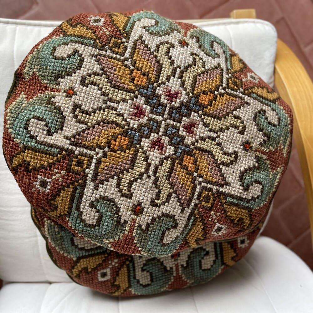 Pair Antique Portuguese Arraiolos Tapestry Cushions