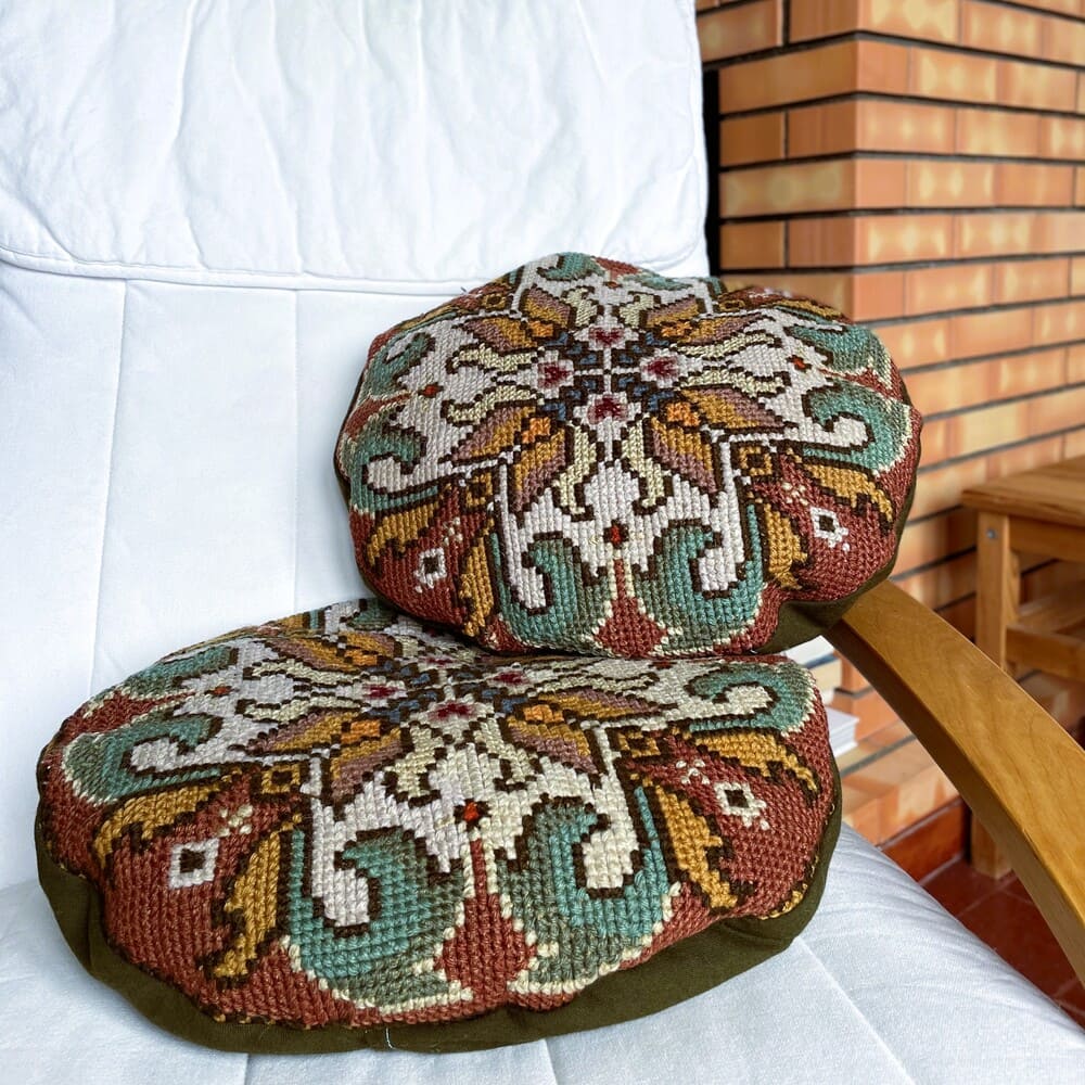 Pair Antique Portuguese Arraiolos Tapestry Cushions