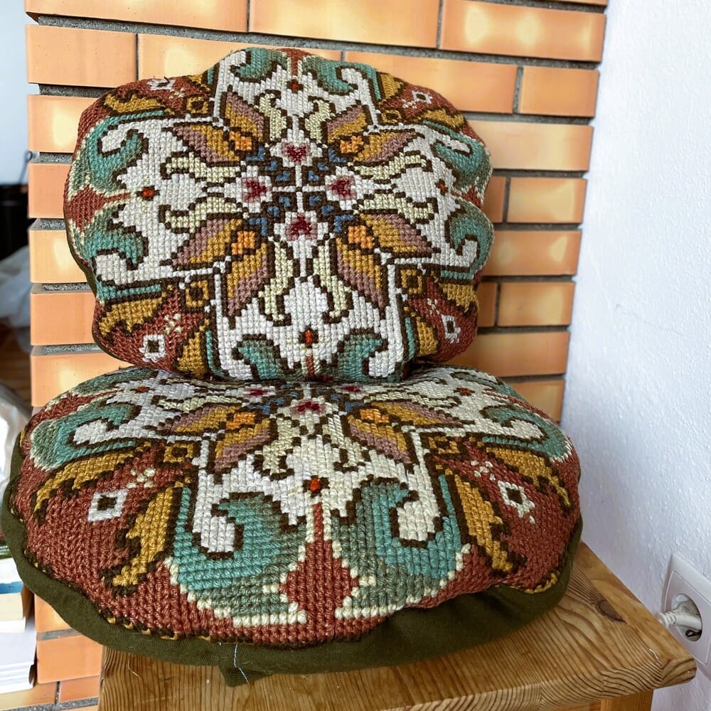 Pair Antique Portuguese Arraiolos Tapestry Cushions