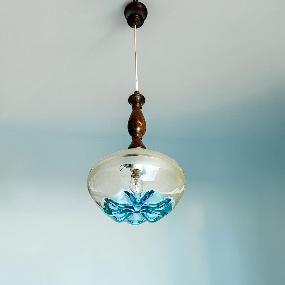 Mid Century Modern Teak & Art Glass Light
